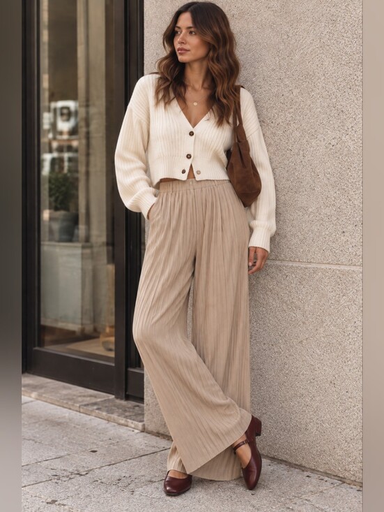Uniqlo Pants - Uniqlo Plisse Wide Leg Pants Beige Minimalist Clean Girl Quiet Luxury Boho S/M